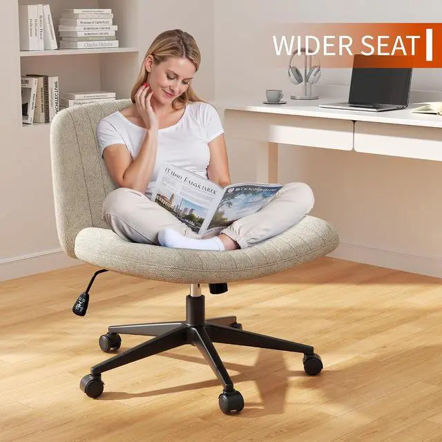 Alt view image 5 of 6 - Criss Cross Chair with Wheels, 26" Wide Cross Legged Office Chair with Adjustable Height, Armless Fabric Swivel Vanity Chair for Home Office, Bedroom, Makeup & Long Hours Sitting (Beige)