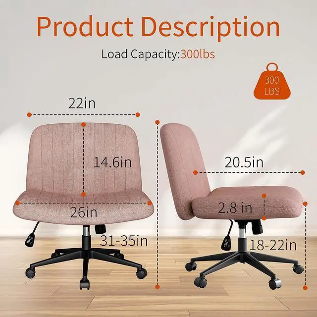 Alt view image 2 of 6 - Criss Cross Chair with Wheels, Cross Legged Office Chair, Armless Office Chairs Adjustable Height Swivel Tilting Fabric Vanity Chairs for Home Bedroom (Pink)