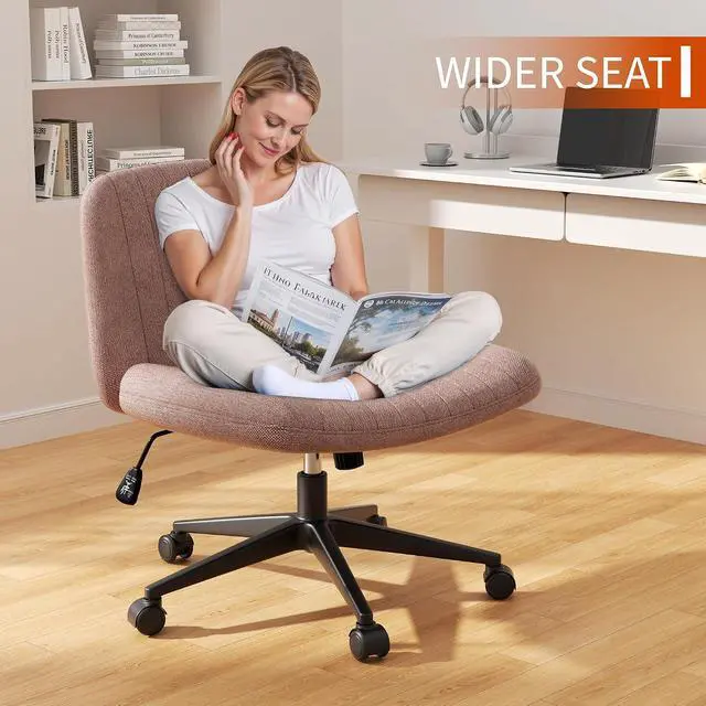 Alt view image 5 of 6 - Criss Cross Chair with Wheels, Cross Legged Office Chair, Armless Office Chairs Adjustable Height Swivel Tilting Fabric Vanity Chairs for Home Bedroom (Pink)