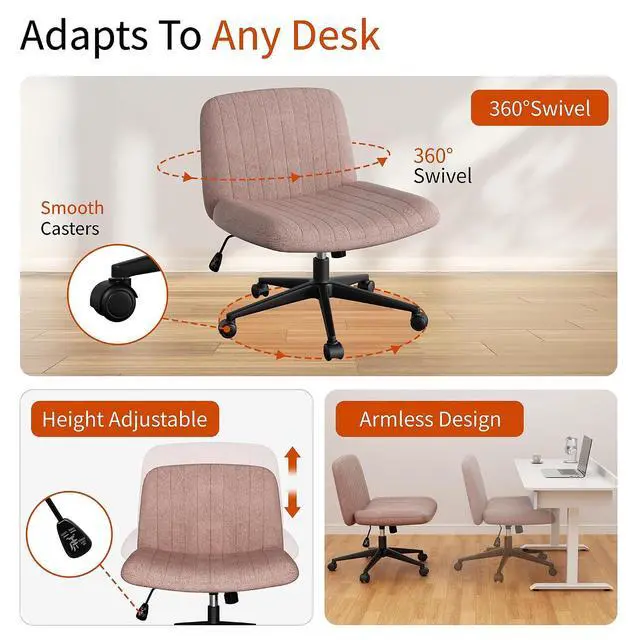 Alt view image 4 of 6 - Criss Cross Chair with Wheels, Cross Legged Office Chair, Armless Office Chairs Adjustable Height Swivel Tilting Fabric Vanity Chairs for Home Bedroom (Pink)