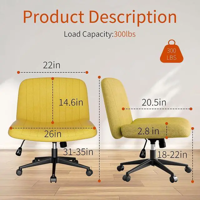 Alt view image 2 of 6 - Criss Cross Chair with Wheels, Cross Legged Office Chair, Armless Office Chairs Adjustable Height Swivel Tilting Fabric Vanity Chairs for Home Bedroom (Yellow)