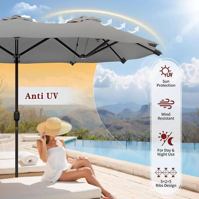 Alt view image 5 of 7 - 15FT Large Patio Umbrella with Base Included, Outdoor Double sided Umbrellas with Crank Handle, Rectangle Table Umbrella for Pool Lawn Garden Market