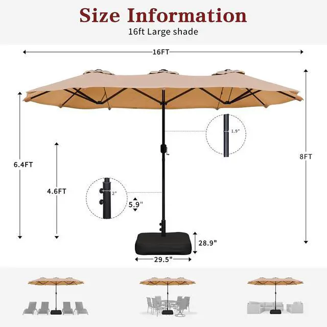 Alt view image 2 of 7 - 15FT Large Patio Umbrella with Base Included, Outdoor Double sided Umbrellas with Crank Handle, Rectangle Table Umbrella for Pool Lawn Garden Market