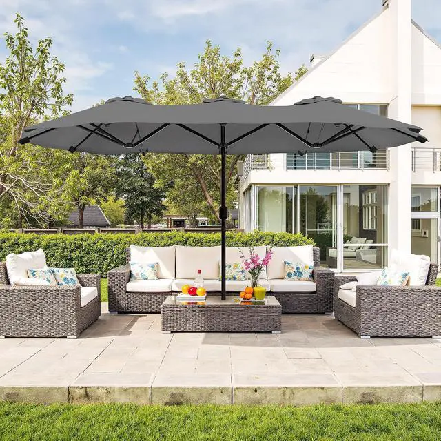 Alt view image 4 of 7 - 15FT Large Patio Umbrella with Base Included, Outdoor Double sided Umbrellas with Crank Handle, Rectangle Table Umbrella for Pool Lawn Garden Market