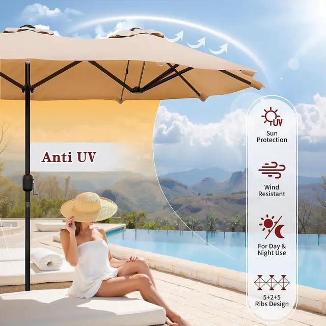 Alt view image 5 of 7 - 15FT Large Patio Umbrella with Base Included, Outdoor Double sided Umbrellas with Crank Handle, Rectangle Table Umbrella for Pool Lawn Garden Market