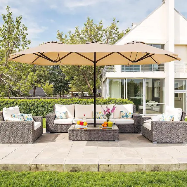 Alt view image 4 of 7 - 15FT Large Patio Umbrella with Base Included, Outdoor Double sided Umbrellas with Crank Handle, Rectangle Table Umbrella for Pool Lawn Garden Market