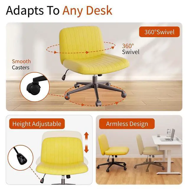Alt view image 4 of 6 - Criss Cross Chair with Wheels, Cross Legged Office Chair, Armless Office Chairs Adjustable Height Swivel Tilting Fabric Vanity Chairs for Home Bedroom (Yellow)