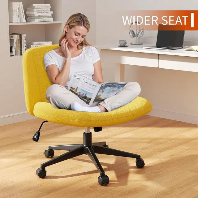 Alt view image 5 of 6 - Criss Cross Chair with Wheels, Cross Legged Office Chair, Armless Office Chairs Adjustable Height Swivel Tilting Fabric Vanity Chairs for Home Bedroom (Yellow)