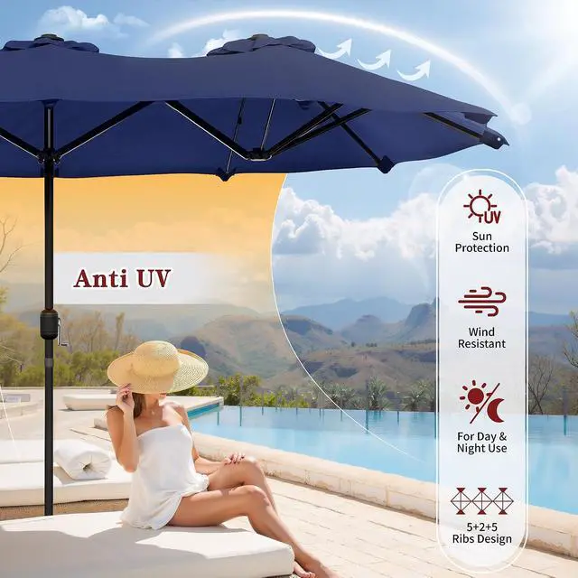 Alt view image 5 of 7 - 15FT Large Patio Umbrella with Base Included, Outdoor Double sided Umbrellas with Crank Handle, Rectangle Table Umbrella for Pool Lawn Garden Market