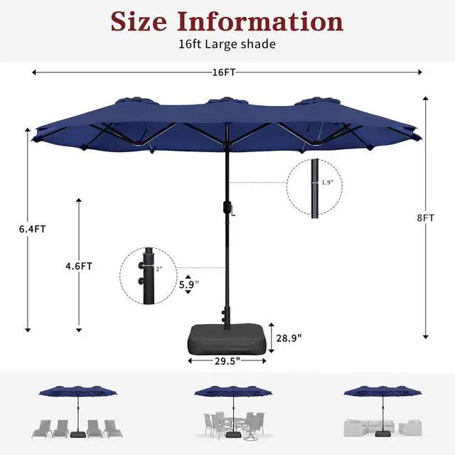 Alt view image 2 of 7 - 15FT Large Patio Umbrella with Base Included, Outdoor Double sided Umbrellas with Crank Handle, Rectangle Table Umbrella for Pool Lawn Garden Market