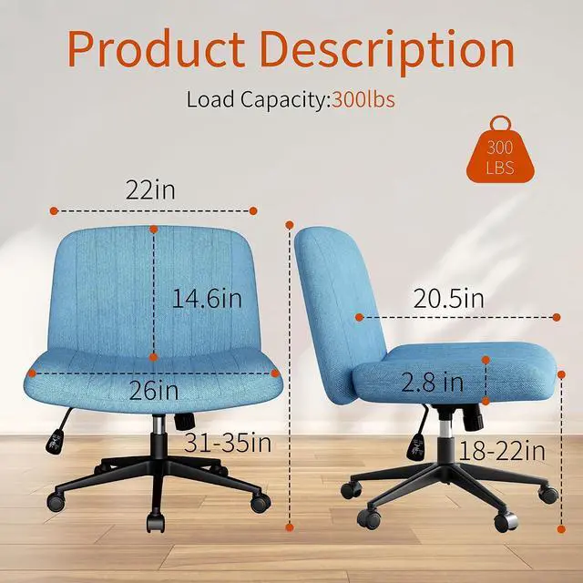 Alt view image 2 of 6 - Criss Cross Chair with Wheels, Cross Legged Office Chair, Armless Office Chairs Adjustable Height Swivel Tilting Fabric Vanity Chairs for Home Bedroom (Blue)