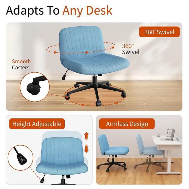 Alt view image 4 of 6 - Criss Cross Chair with Wheels, Cross Legged Office Chair, Armless Office Chairs Adjustable Height Swivel Tilting Fabric Vanity Chairs for Home Bedroom (Blue)