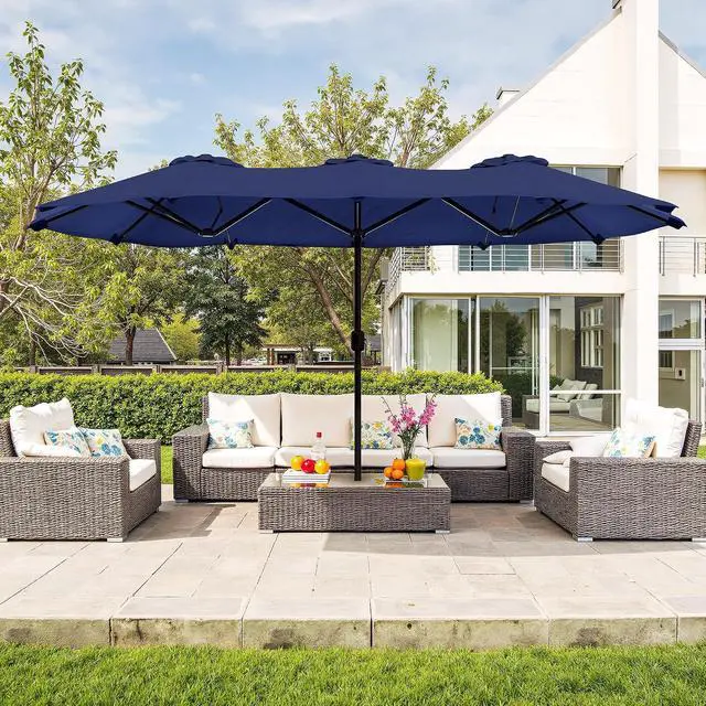Alt view image 4 of 7 - 15FT Large Patio Umbrella with Base Included, Outdoor Double sided Umbrellas with Crank Handle, Rectangle Table Umbrella for Pool Lawn Garden Market