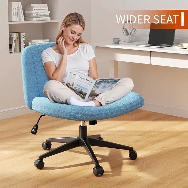 Alt view image 5 of 6 - Criss Cross Chair with Wheels, Cross Legged Office Chair, Armless Office Chairs Adjustable Height Swivel Tilting Fabric Vanity Chairs for Home Bedroom (Blue)