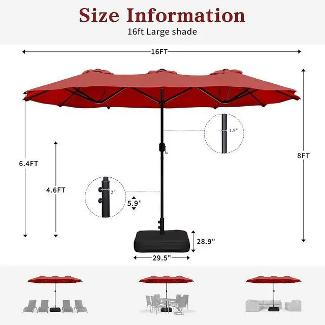 Alt view image 2 of 7 - 15FT Large Patio Umbrella with Base Included, Outdoor Double sided Umbrellas with Crank Handle, Rectangle Table Umbrella for Pool Lawn Garden Market