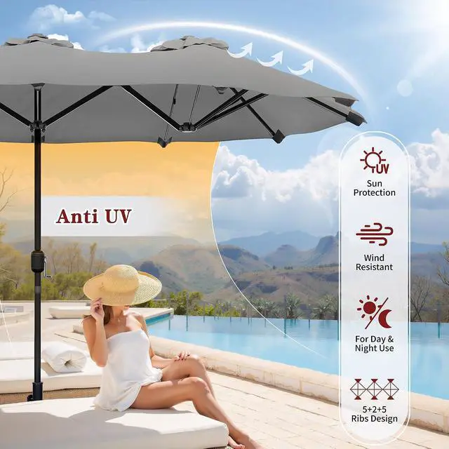 Alt view image 3 of 7 - 13FT Large Patio Umbrellas with Base Included, Outdoor Double sided Pool Umbrellas with Crank Handle, Large Rectangle Table Umbrella for Poolside Backyard Market, Grey