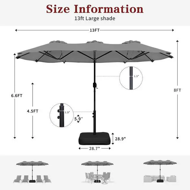 Alt view image 2 of 7 - 13FT Large Patio Umbrellas with Base Included, Outdoor Double sided Pool Umbrellas with Crank Handle, Large Rectangle Table Umbrella for Poolside Backyard Market, Grey