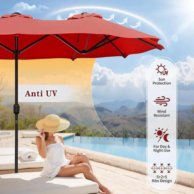 Alt view image 5 of 7 - 15FT Large Patio Umbrella with Base Included, Outdoor Double sided Umbrellas with Crank Handle, Rectangle Table Umbrella for Pool Lawn Garden Market