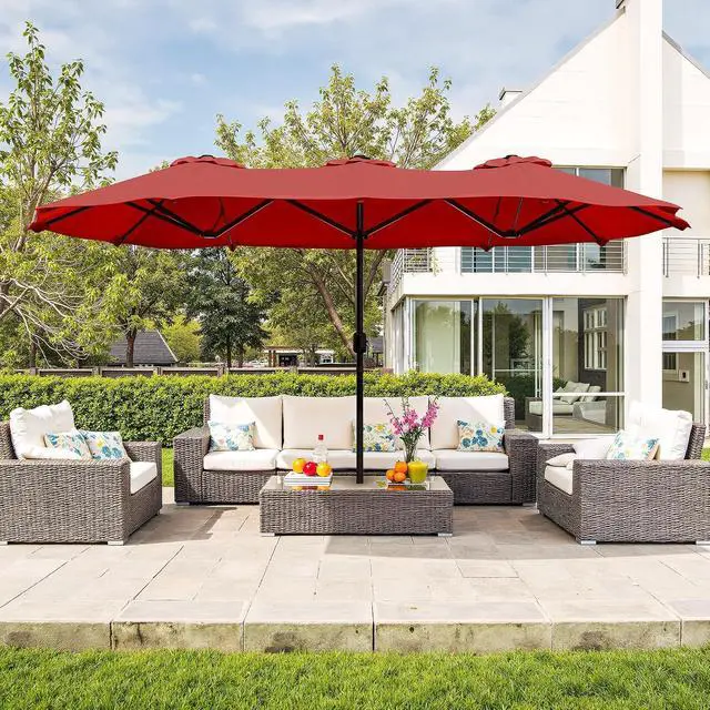 Alt view image 4 of 7 - 15FT Large Patio Umbrella with Base Included, Outdoor Double sided Umbrellas with Crank Handle, Rectangle Table Umbrella for Pool Lawn Garden Market