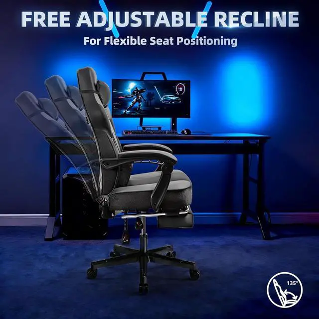 Alt view image 4 of 6 - Ergonomic Gaming Chair for Adults, PU Leather Office Seat with Head & Foot Rests (Grey)