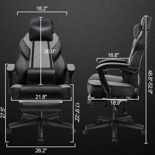 Alt view image 3 of 6 - Ergonomic Gaming Chair for Adults, PU Leather Office Seat with Head & Foot Rests (Grey)