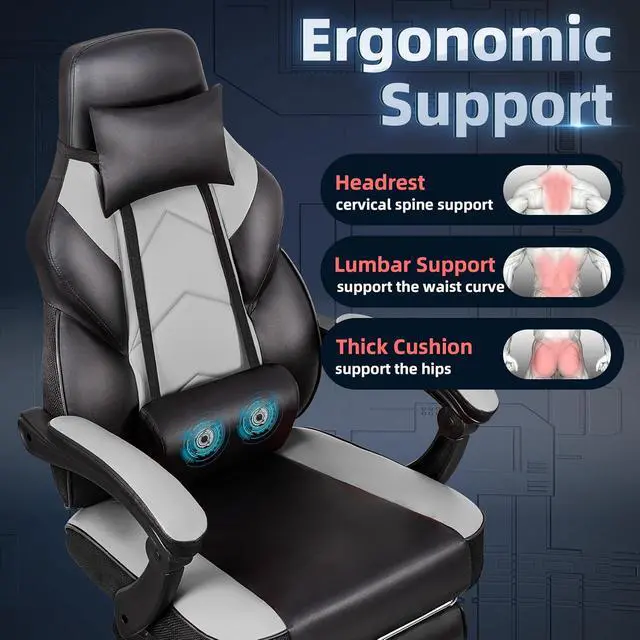 Alt view image 5 of 6 - Ergonomic Gaming Chair for Adults, PU Leather Office Seat with Head & Foot Rests (Grey)