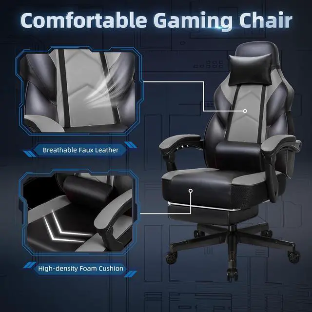 Alt view image 6 of 6 - Ergonomic Gaming Chair for Adults, PU Leather Office Seat with Head & Foot Rests (Grey)