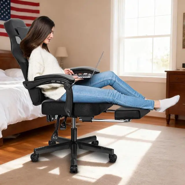 Alt view image 2 of 6 - Ergonomic Gaming Chair for Adults, PU Leather Office Seat with Head & Foot Rests (Grey)
