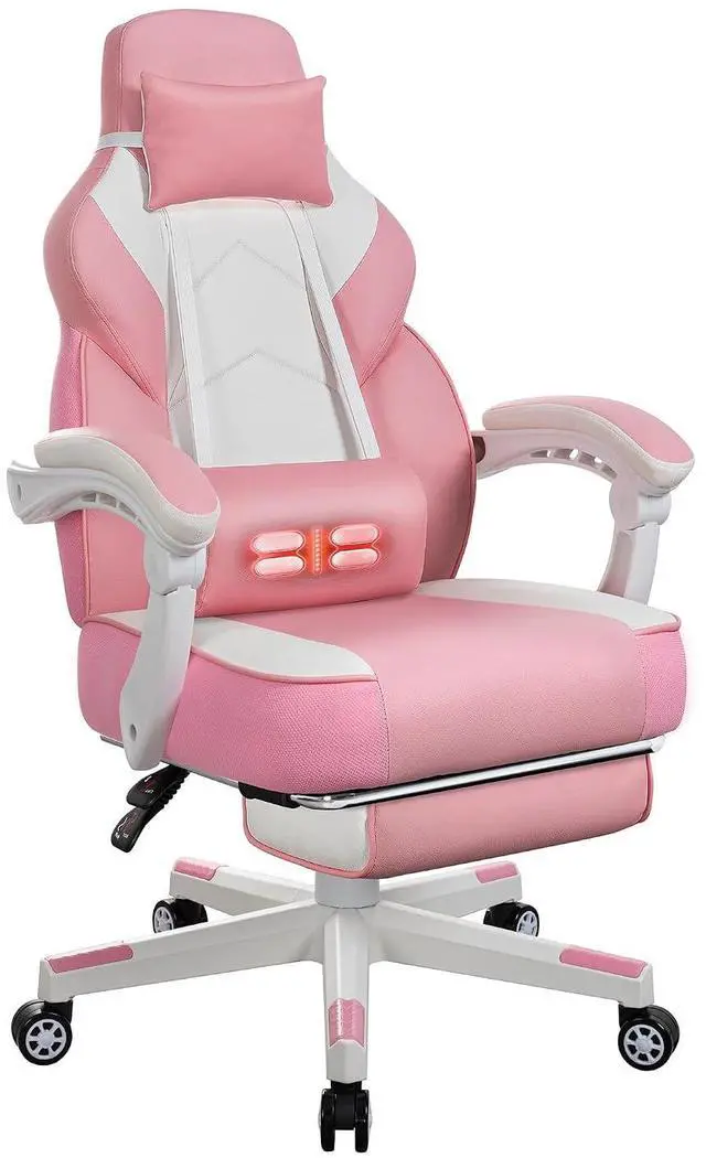 Main image of Ergonomic Gaming Chair for Adults, PU Leather Office Seat with Head & Foot Rests (Pink)