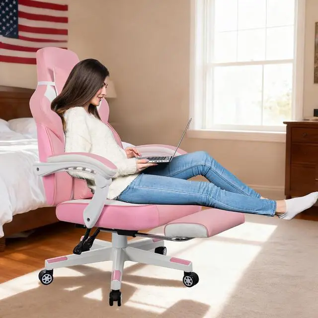 Alt view image 2 of 6 - Ergonomic Gaming Chair for Adults, PU Leather Office Seat with Head & Foot Rests (Pink)