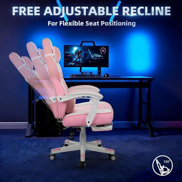 Alt view image 4 of 6 - Ergonomic Gaming Chair for Adults, PU Leather Office Seat with Head & Foot Rests (Pink)