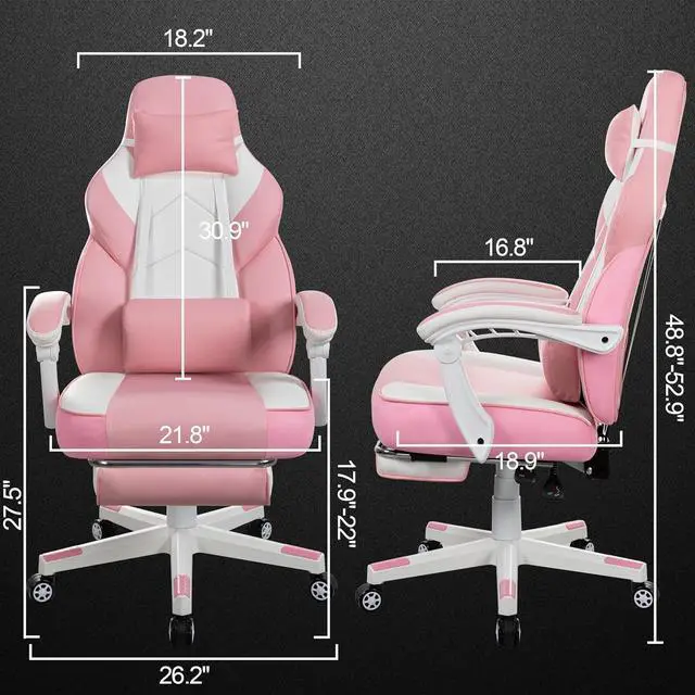 Alt view image 3 of 6 - Ergonomic Gaming Chair for Adults, PU Leather Office Seat with Head & Foot Rests (Pink)