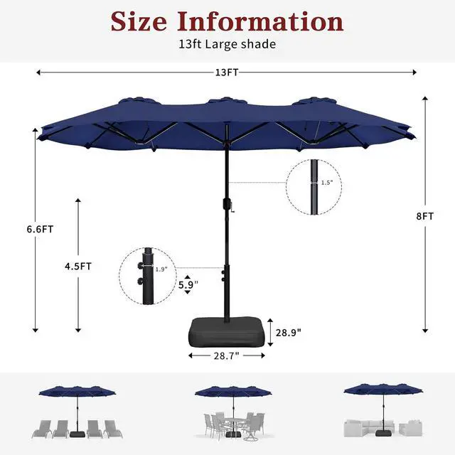 Alt view image 2 of 7 - 13FT Large Patio Umbrellas with Base Included, Outdoor Double sided Pool Umbrellas with Crank Handle, Large Rectangle Table Umbrella for Poolside Backyard Market, Navy Blue