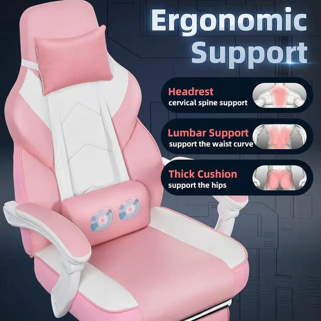 Alt view image 5 of 6 - Ergonomic Gaming Chair for Adults, PU Leather Office Seat with Head & Foot Rests (Pink)