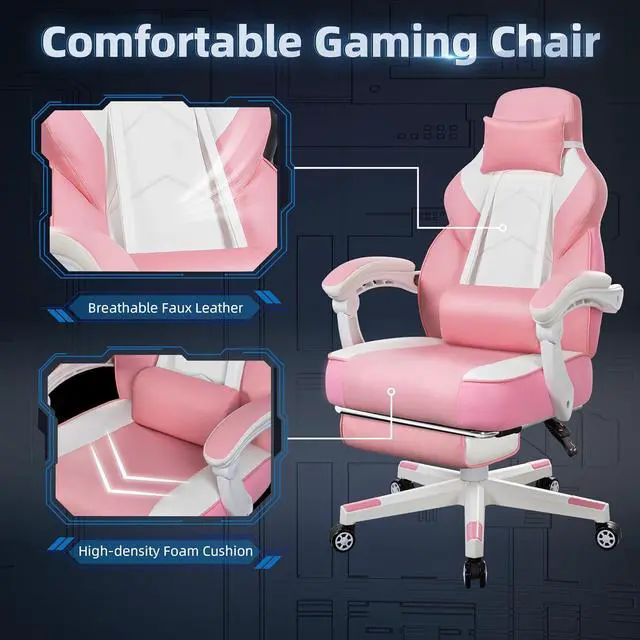 Alt view image 6 of 6 - Ergonomic Gaming Chair for Adults, PU Leather Office Seat with Head & Foot Rests (Pink)