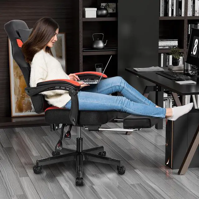 Alt view image 4 of 6 - Ergonomic Gaming Chair for Adults, PU Leather Office Seat with Head & Foot Rests (Red)