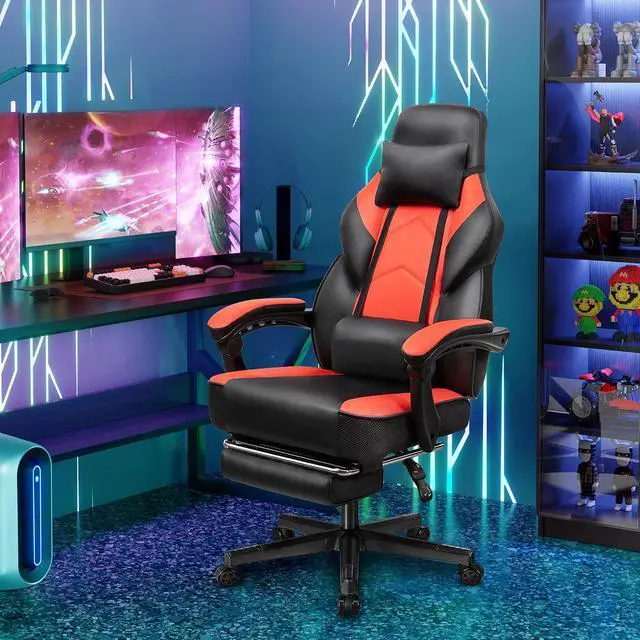 Alt view image 2 of 6 - Ergonomic Gaming Chair for Adults, PU Leather Office Seat with Head & Foot Rests (Red)