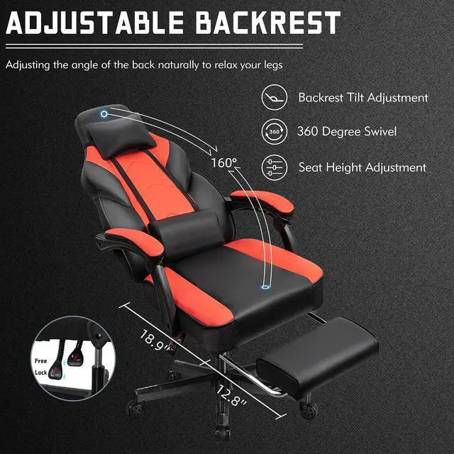 Alt view image 5 of 6 - Ergonomic Gaming Chair for Adults, PU Leather Office Seat with Head & Foot Rests (Red)