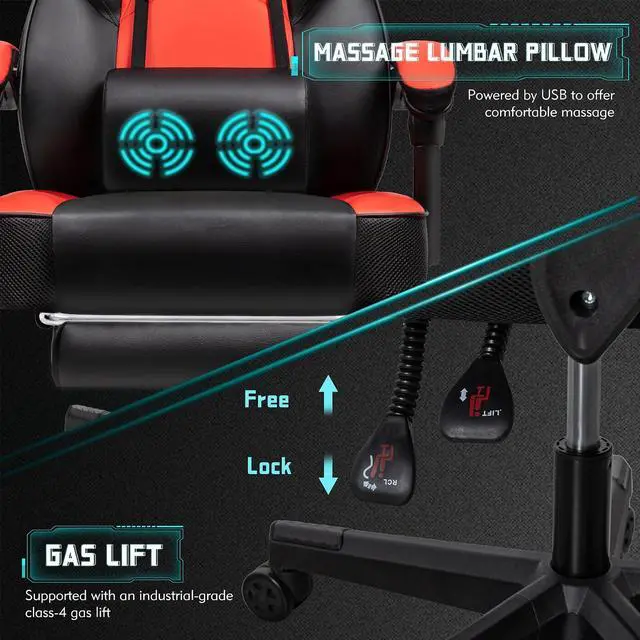 Alt view image 6 of 6 - Ergonomic Gaming Chair for Adults, PU Leather Office Seat with Head & Foot Rests (Red)
