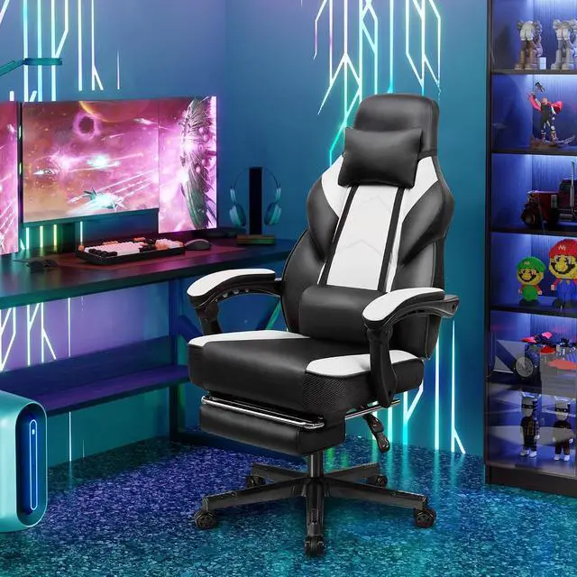 Alt view image 2 of 6 - Ergonomic Gaming Chair for Adults, PU Leather Office Seat with Head & Foot Rests, Massage Lumbar Support for Video Game Enthusiasts, Height-Adjustable, 360° Rotating Computer Chair(White)