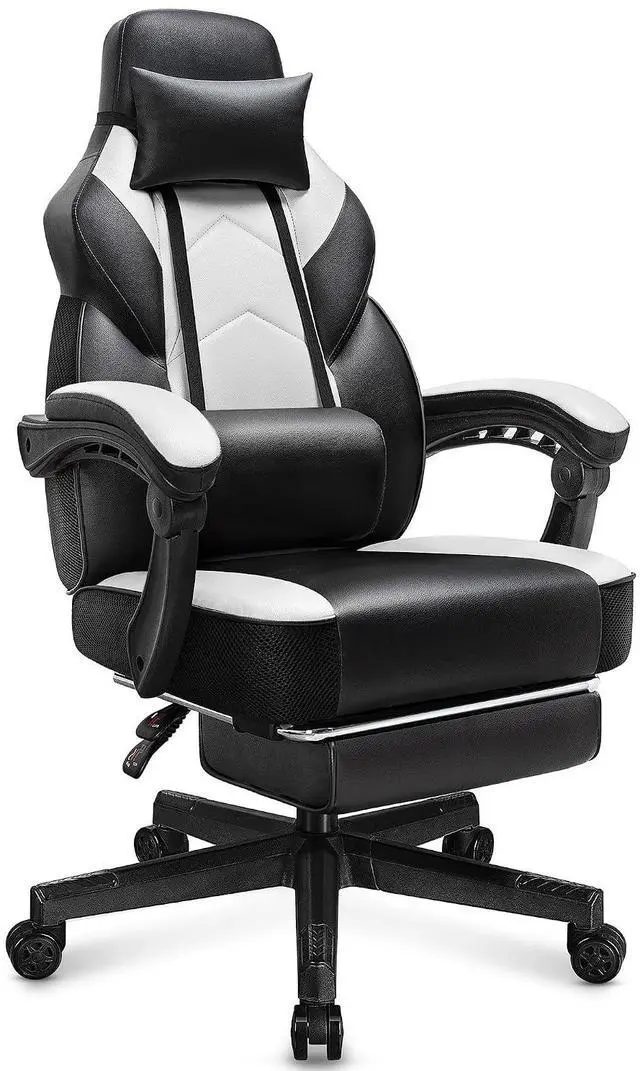Main image of Ergonomic Gaming Chair for Adults, PU Leather Office Seat with Head & Foot Rests, Massage Lumbar Support for Video Game Enthusiasts, Height-Adjustable, 360° Rotating Computer Chair(White)