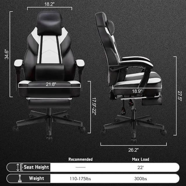 Alt view image 3 of 6 - Ergonomic Gaming Chair for Adults, PU Leather Office Seat with Head & Foot Rests, Massage Lumbar Support for Video Game Enthusiasts, Height-Adjustable, 360° Rotating Computer Chair(White)