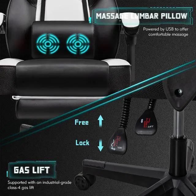 Alt view image 4 of 6 - Ergonomic Gaming Chair for Adults, PU Leather Office Seat with Head & Foot Rests, Massage Lumbar Support for Video Game Enthusiasts, Height-Adjustable, 360° Rotating Computer Chair(White)