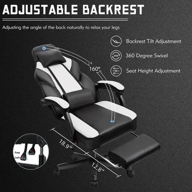 Alt view image 6 of 6 - Ergonomic Gaming Chair for Adults, PU Leather Office Seat with Head & Foot Rests, Massage Lumbar Support for Video Game Enthusiasts, Height-Adjustable, 360° Rotating Computer Chair(White)
