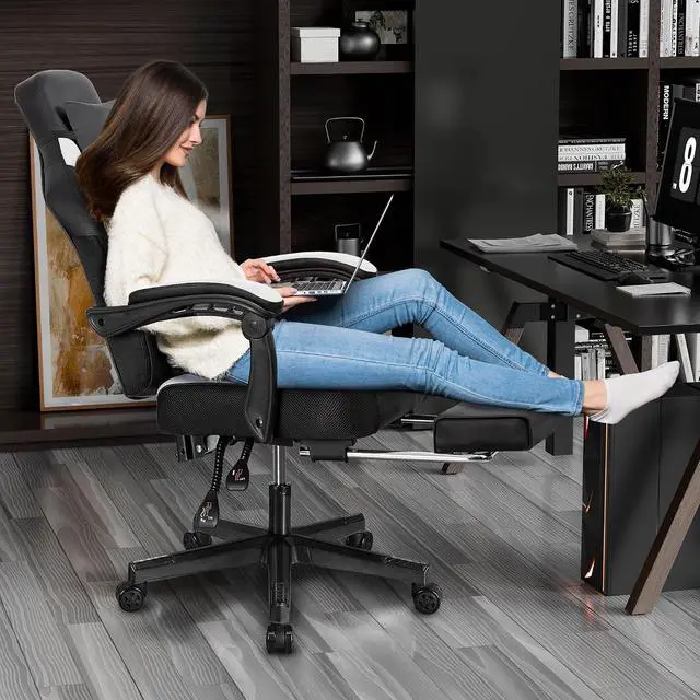 Alt view image 5 of 6 - Ergonomic Gaming Chair for Adults, PU Leather Office Seat with Head & Foot Rests, Massage Lumbar Support for Video Game Enthusiasts, Height-Adjustable, 360° Rotating Computer Chair(White)
