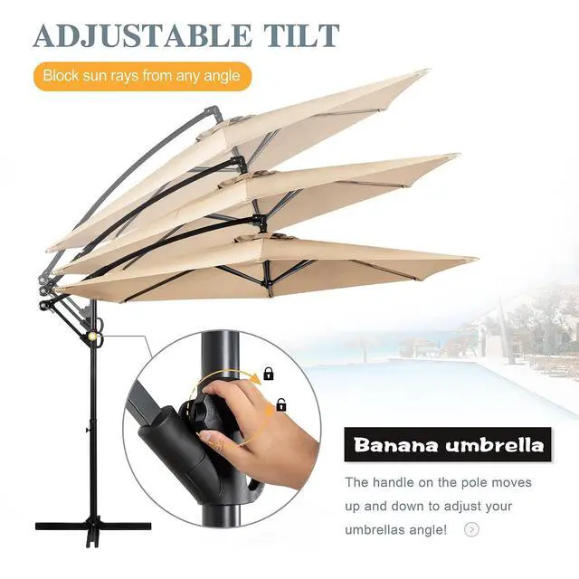 Alt view image 4 of 7 - 9FT Outdoor Patio Umbrella, Hanging Outdoor Umbrella Cantilever Offset Market Umbrella w/Easy Tilt Adjustment, Waterproof for Backyard, Poolside, Lawn and Garden