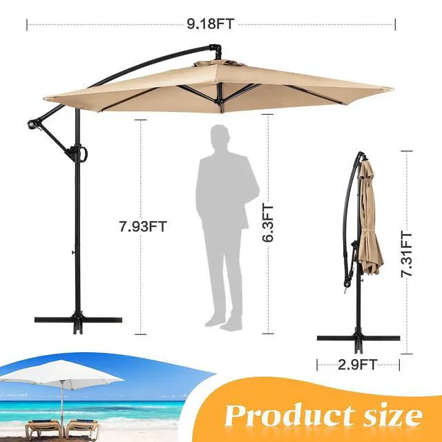 Alt view image 3 of 7 - 9FT Outdoor Patio Umbrella, Hanging Outdoor Umbrella Cantilever Offset Market Umbrella w/Easy Tilt Adjustment, Waterproof for Backyard, Poolside, Lawn and Garden