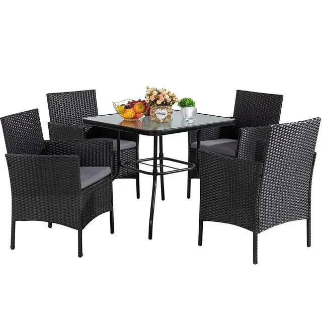 Alt view image 2 of 2 - Outdoor Patio Furniture 5-Piece Indoor Outdoor Wicker Dining Set, Square Tempered Glass Top Table with Umbrella Hole and 4 Chair Set, Black