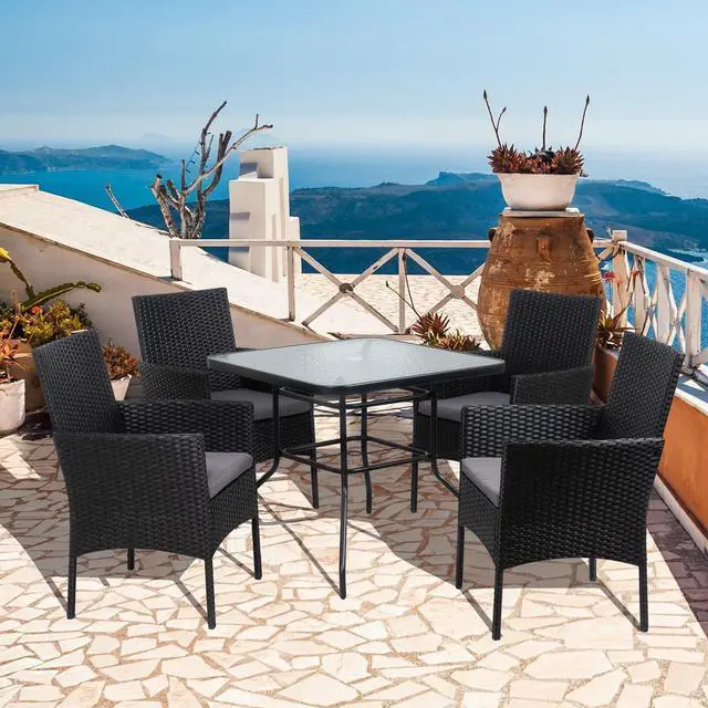 Main image of Outdoor Patio Furniture 5-Piece Indoor Outdoor Wicker Dining Set, Square Tempered Glass Top Table with Umbrella Hole and 4 Chair Set, Black