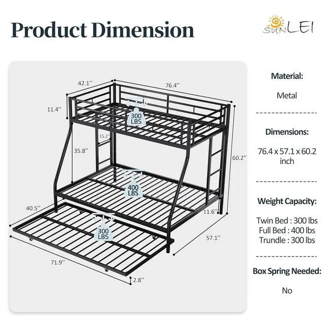 Alt view image 2 of 7 - Twin Over Full Bunk Beds with Trundle, Heavy Duty Metal Triple Bunk Bed Frame, 3 Beds Space Saving Bunk Bed with Guardrails & Ladder, No Box Spring Needed, for Kids Teens Adults Bedroom, Black